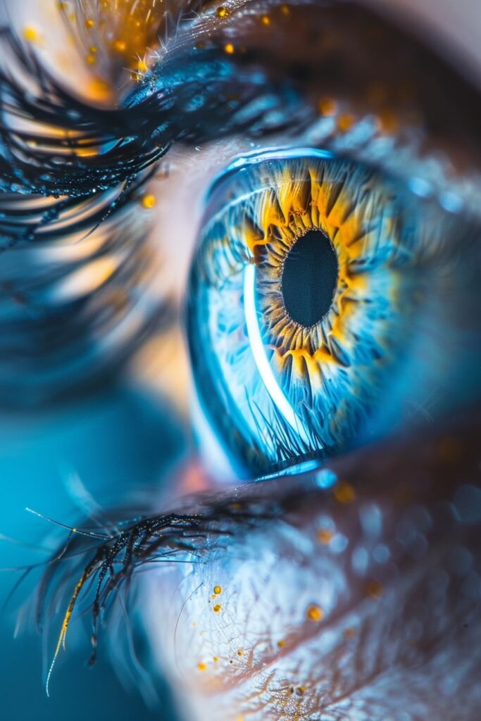 Makroaufnahme eines Auges mit seltener blauer Iris, das durch gelbe Akzente und leuchtende Details hervorsticht.