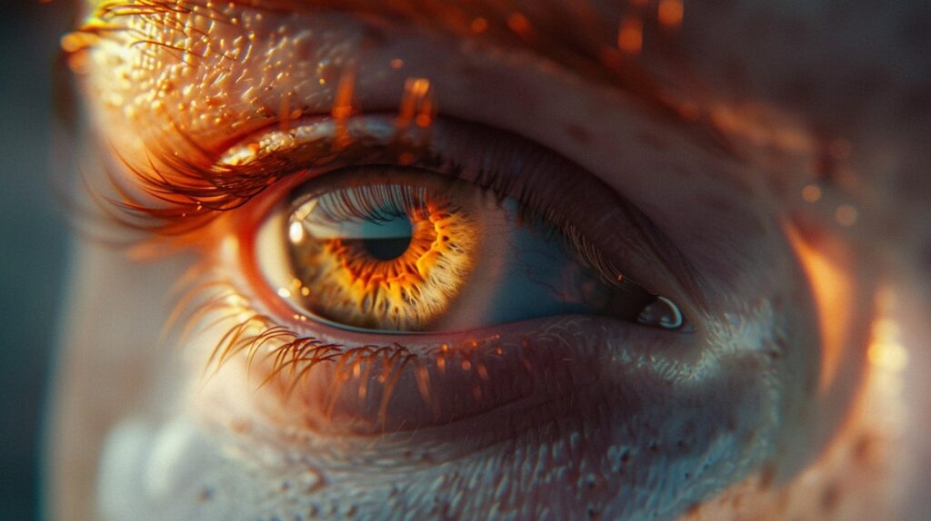 Makroaufnahme eines Auges mit seltener roter Iris, beleuchtet von warmem Licht.
