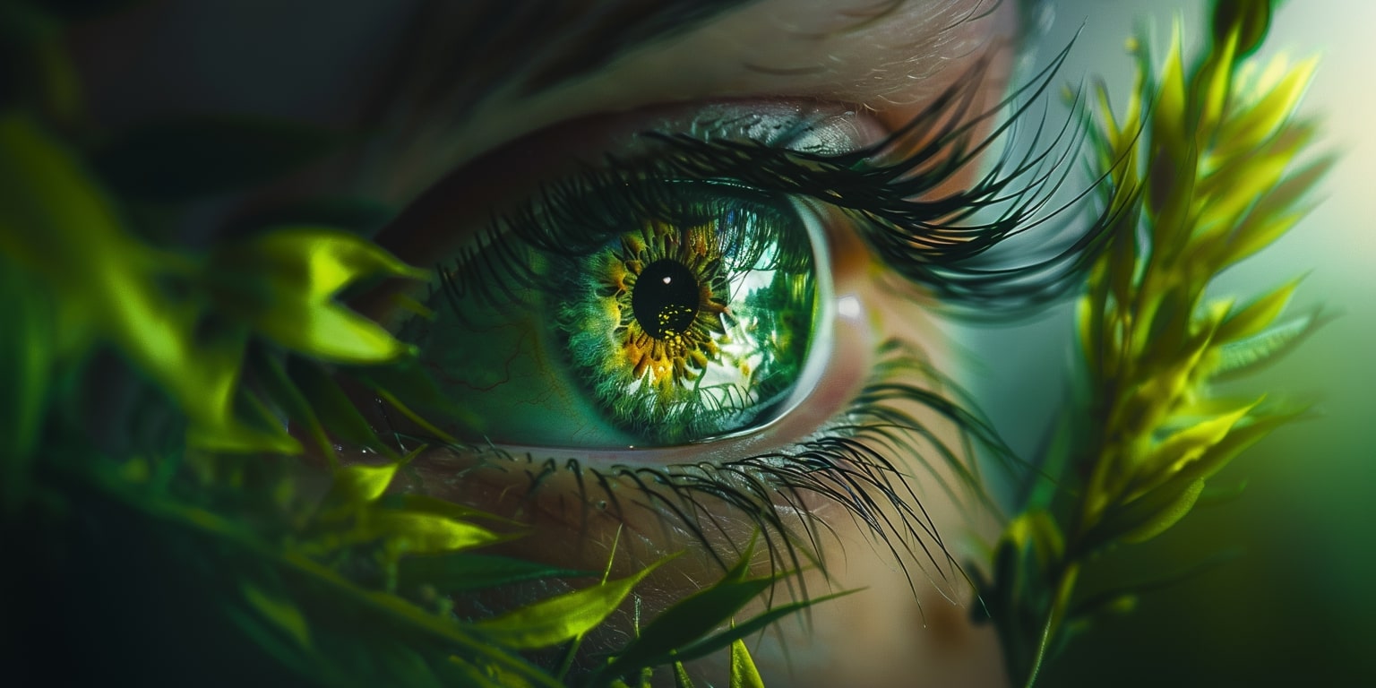 Makroaufnahme eines Auges mit seltener smaragdgrüner Iris, umgeben von grünen Pflanzen.