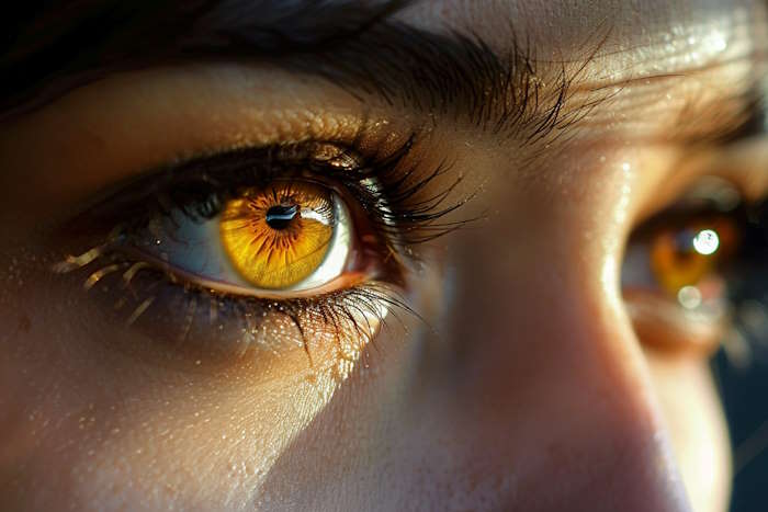 Nahaufnahme eines Auges mit goldener Iris, die Details der Iris sind deutlich sichtbar.