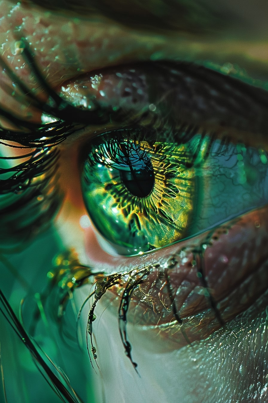 Makroaufnahme eines Auges mit seltener grüner Iris, umgeben von natürlichen Details und Reflexionen.