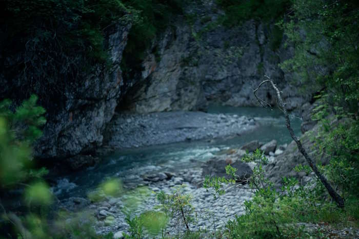 Felsiger Flusslauf im Grünen – natürliche Umgebung mit kühlem Wasser